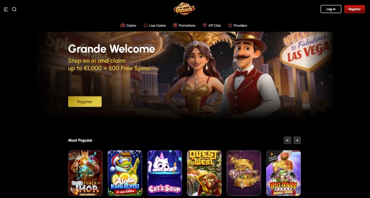 SpinGrande homepage showing the welcome bonus and responsive site